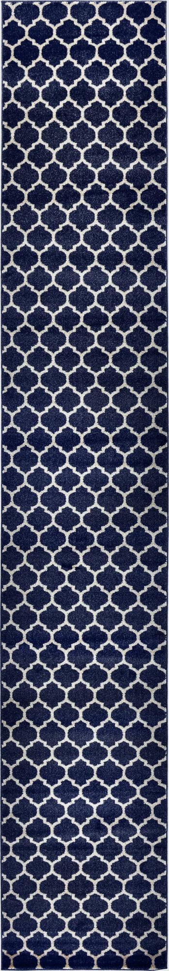 A 16 ft runner rug featuring a modern blue background with a repeating white trellis pattern, ideal for hallways.