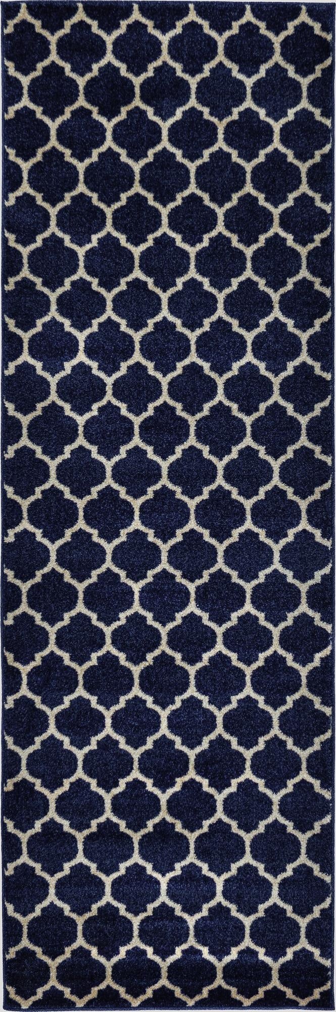 A long, rectangular 8 ft runner rug featuring a repeating cream trellis pattern against a deep navy blue background, ideal for a hallway or kitchen.