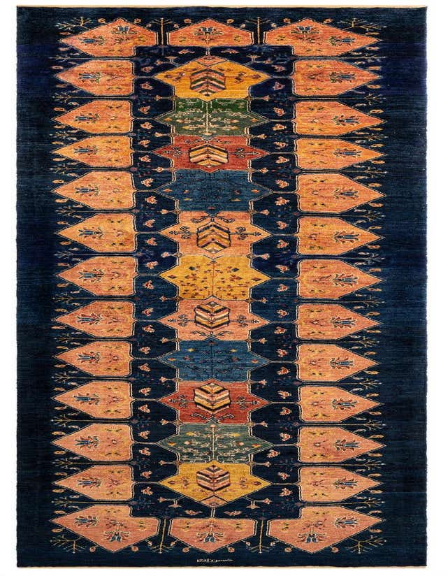 A 10 ft runner rug in a Persian style, featuring a deep blue background with a central column of interconnected geometric medallions in shades of orange, yellow, and green, ideal for a hallway.