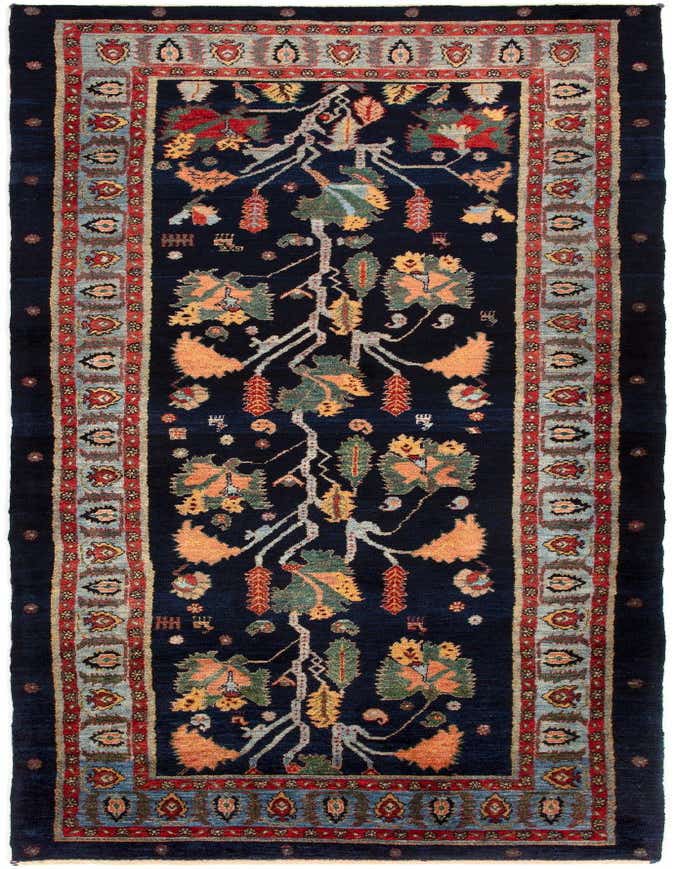 A 9 ft runner rug in the Luribaft collection, featuring a dark blue background with an intricate Persian floral and vine pattern in red, orange, green, and light blue, ideal for a hallway.