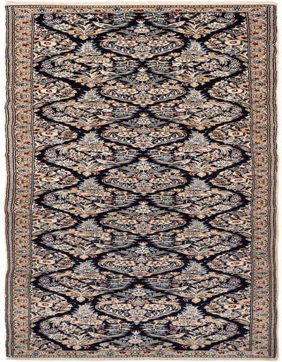 A dark blue 11 ft runner rug with an intricate traditional floral and bird pattern in cream, light blue, and red, framed by a beige border.
