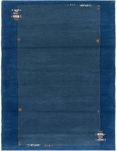A 10 ft blue wool runner rug with a darker blue center and a lighter blue border featuring subtle, abstract, light-colored patterns.