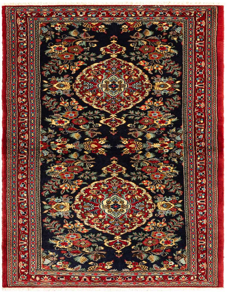 A 6 ft runner rug with a dark blue field and intricate red, gold, and green Persian floral patterns, ideal for a hallway.
