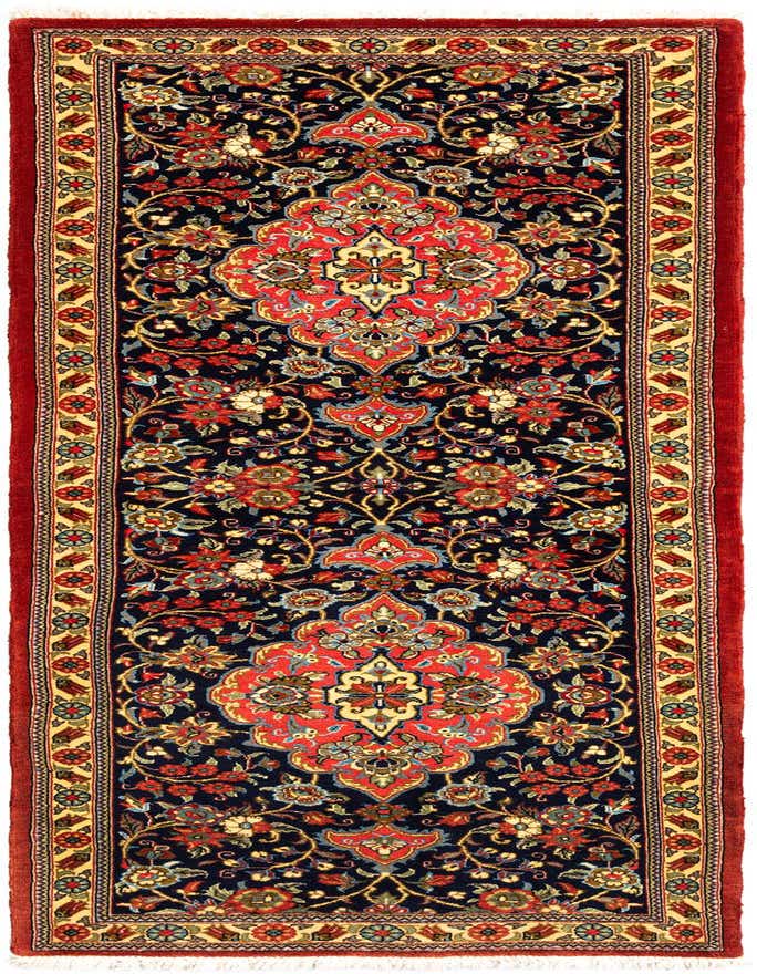 A 6 ft runner rug with a navy blue field, intricate red and gold Persian floral patterns, and a red border.