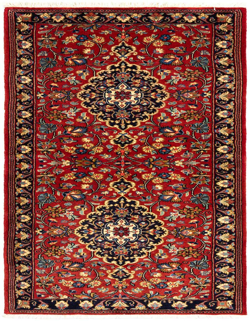 A 6 ft runner rug with a traditional Persian floral pattern in rich blues, reds, and creams, perfect for a hallway.