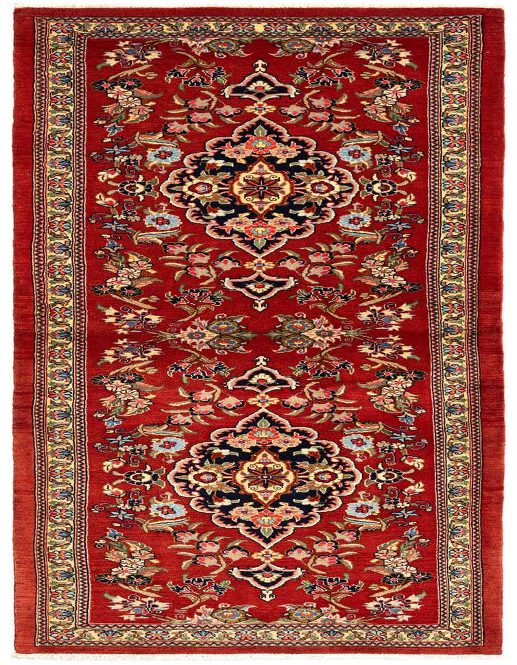 A 7 ft Qom runner rug with a traditional Persian pattern in rich blues and reds, perfect for a hallway.