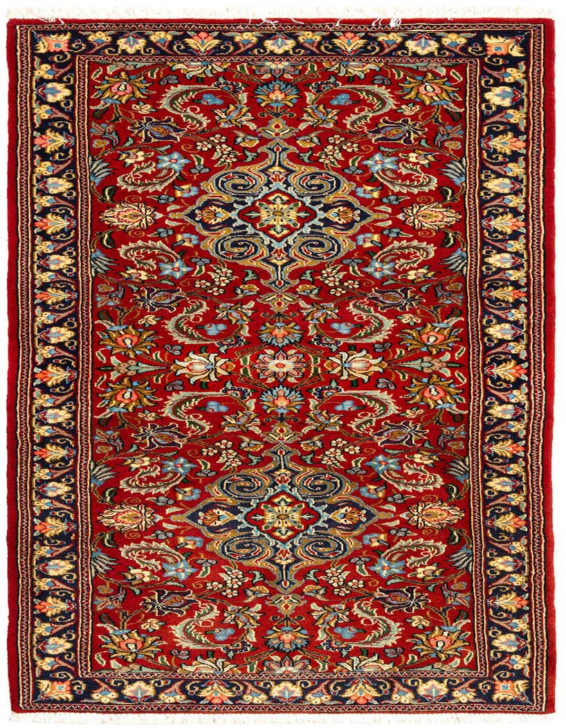 A handmade 6 ft runner rug with a traditional Persian floral pattern in deep red, blues, and gold.