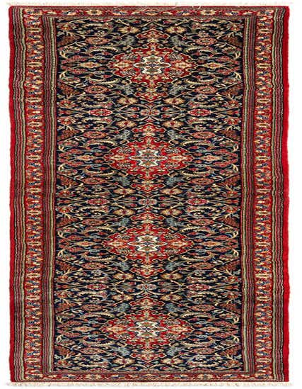 A 13 ft runner rug from the Rugs.com Qom collection, featuring a detailed blue and red Persian floral pattern, perfect for a hallway.