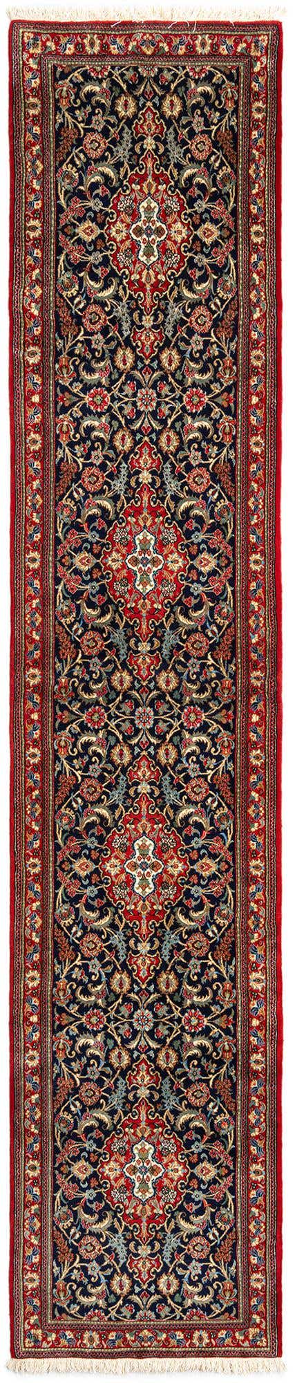 A 13 ft runner rug from the Rugs.com Qom collection, featuring a detailed blue and red Persian floral pattern, perfect for a hallway.