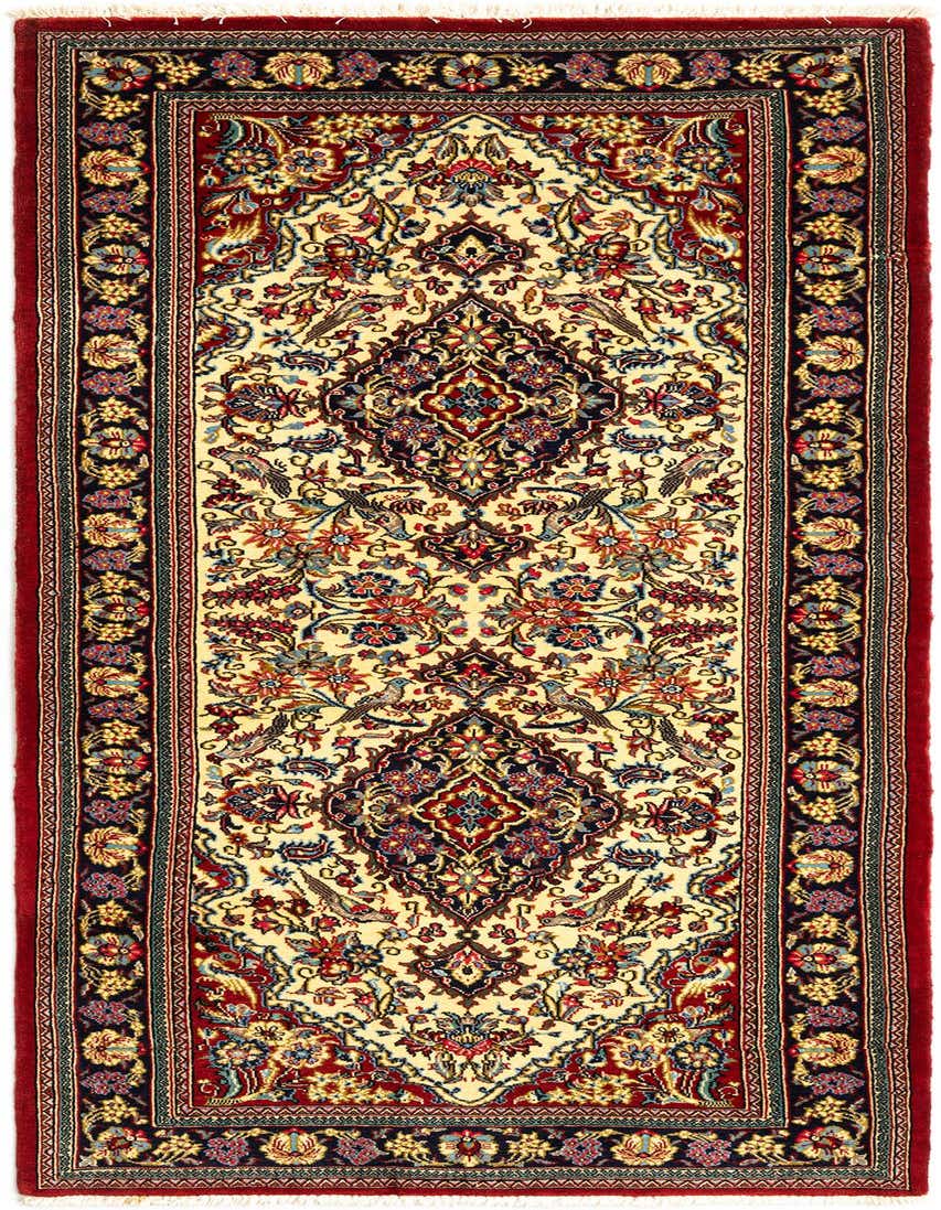 A 6 ft runner rug with a cream background, featuring intricate blue, red, and gold Persian floral and medallion patterns, bordered by a deep red edge.