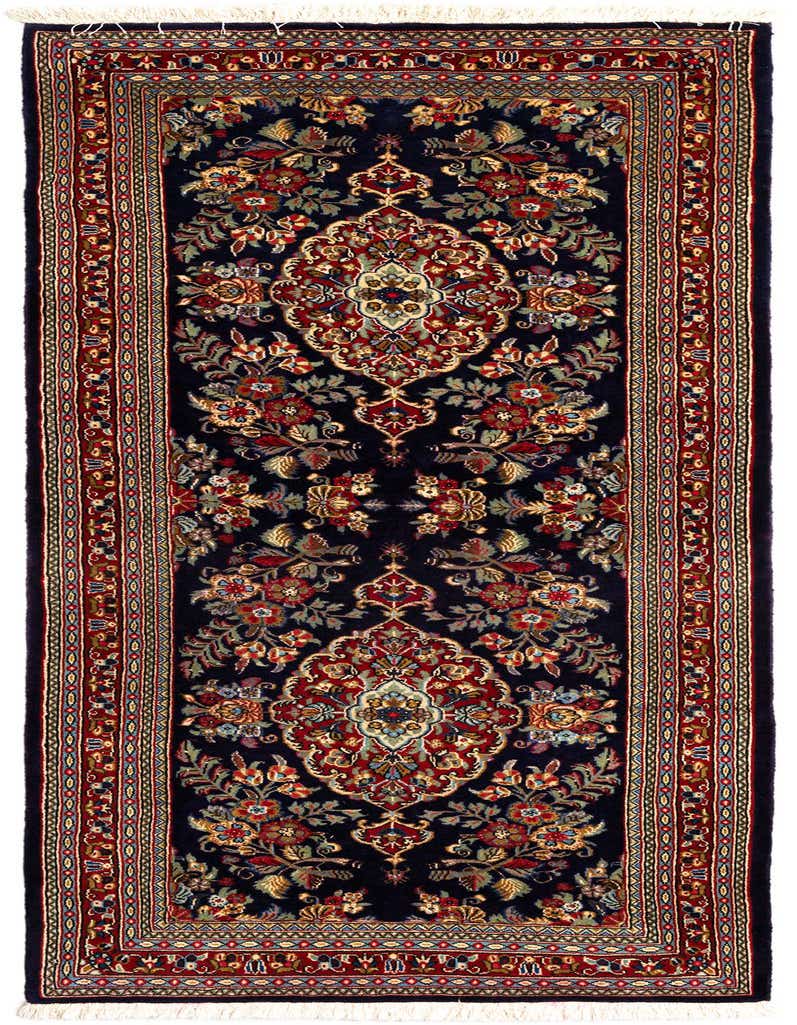 A 7 ft runner rug in a traditional Persian style, featuring an intricate floral pattern in blues, reds, and gold on a dark blue background with a detailed border.