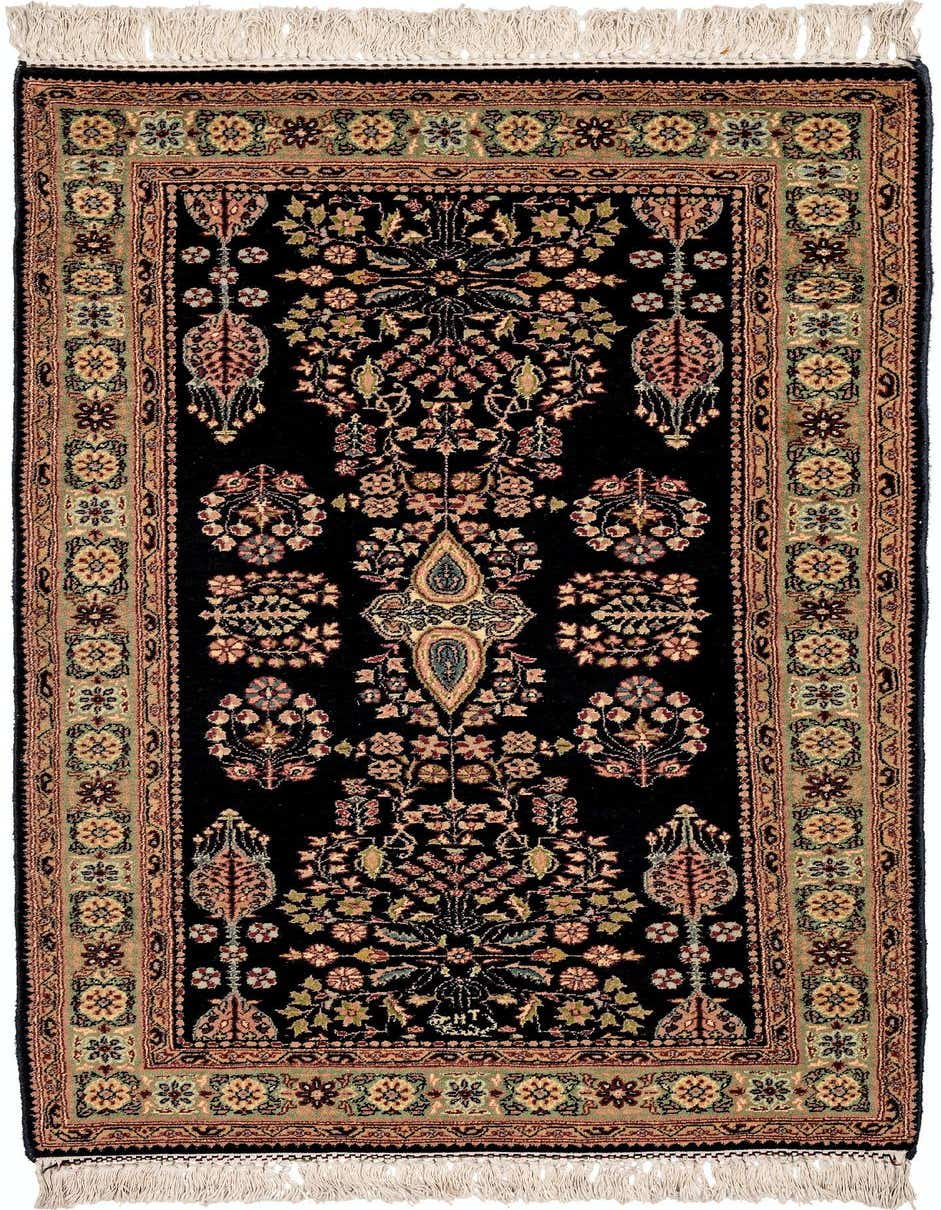 A 5 ft runner rug with a black background and intricate traditional floral patterns in blues, pinks, and greens, featuring a detailed border and fringe.
