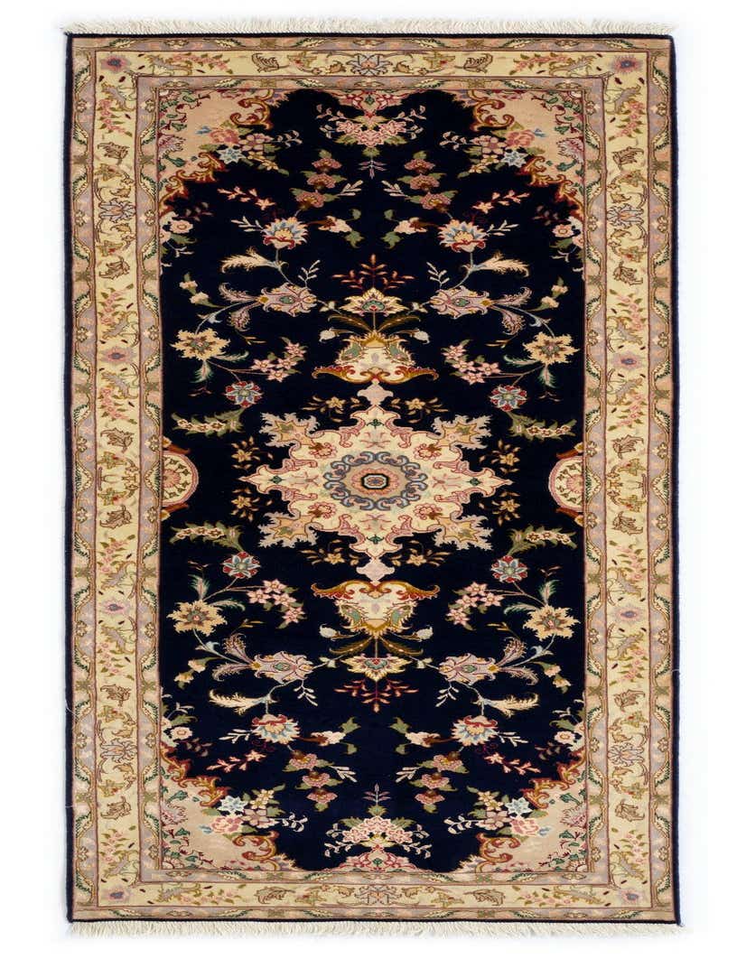A 7 ft runner rug in a traditional Persian style, featuring a navy blue field with intricate floral patterns and a light beige border.