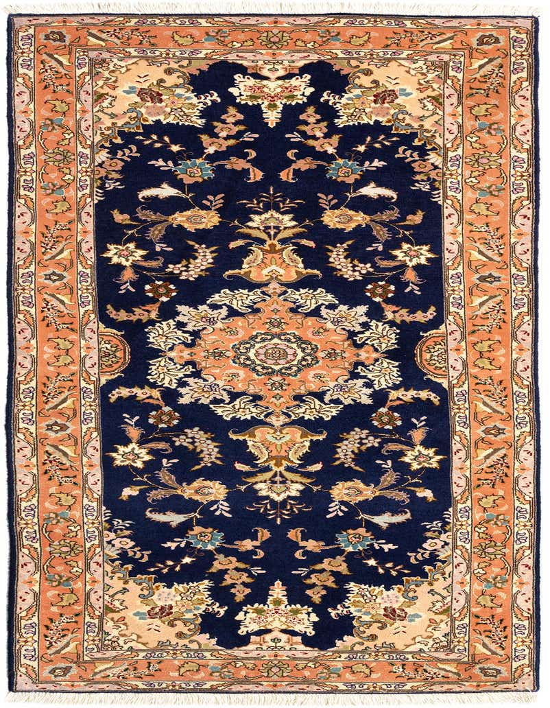 A 7 ft runner rug in navy blue with an intricate orange and cream Persian floral pattern, ideal for a hallway.
