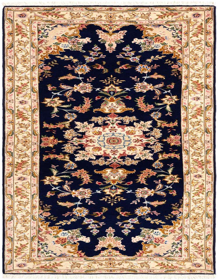 A 7 ft runner rug in a traditional Persian style, featuring a navy blue field with intricate floral motifs in cream, pink, and gold, bordered by a cream frame with delicate patterns, ideal for a hallway.