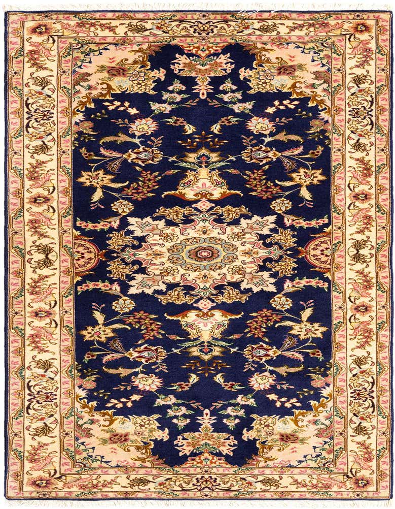 A 6 ft runner rug with a navy blue field and intricate Persian floral patterns in cream, pink, and gold, featuring a central medallion and decorative borders.