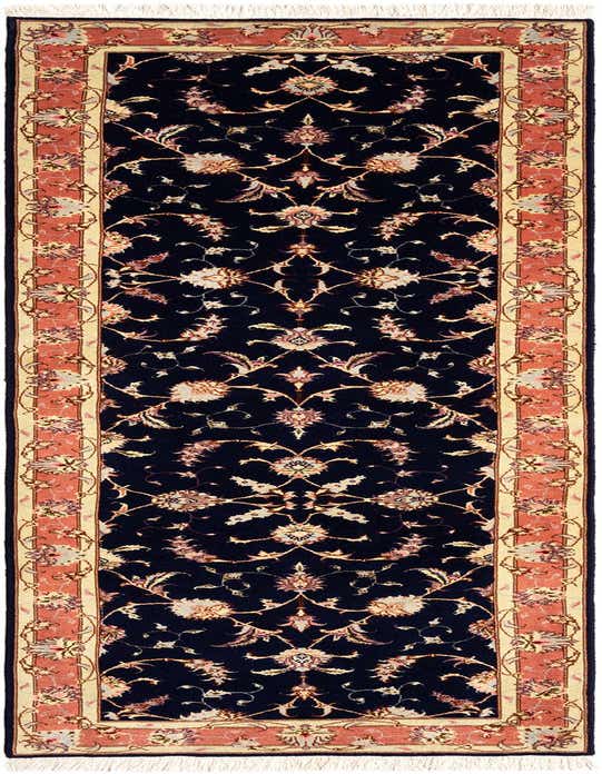 A handmade 8 ft runner rug with a navy blue field and intricate Persian floral patterns in peach, cream, and light blue, framed by a decorative border.