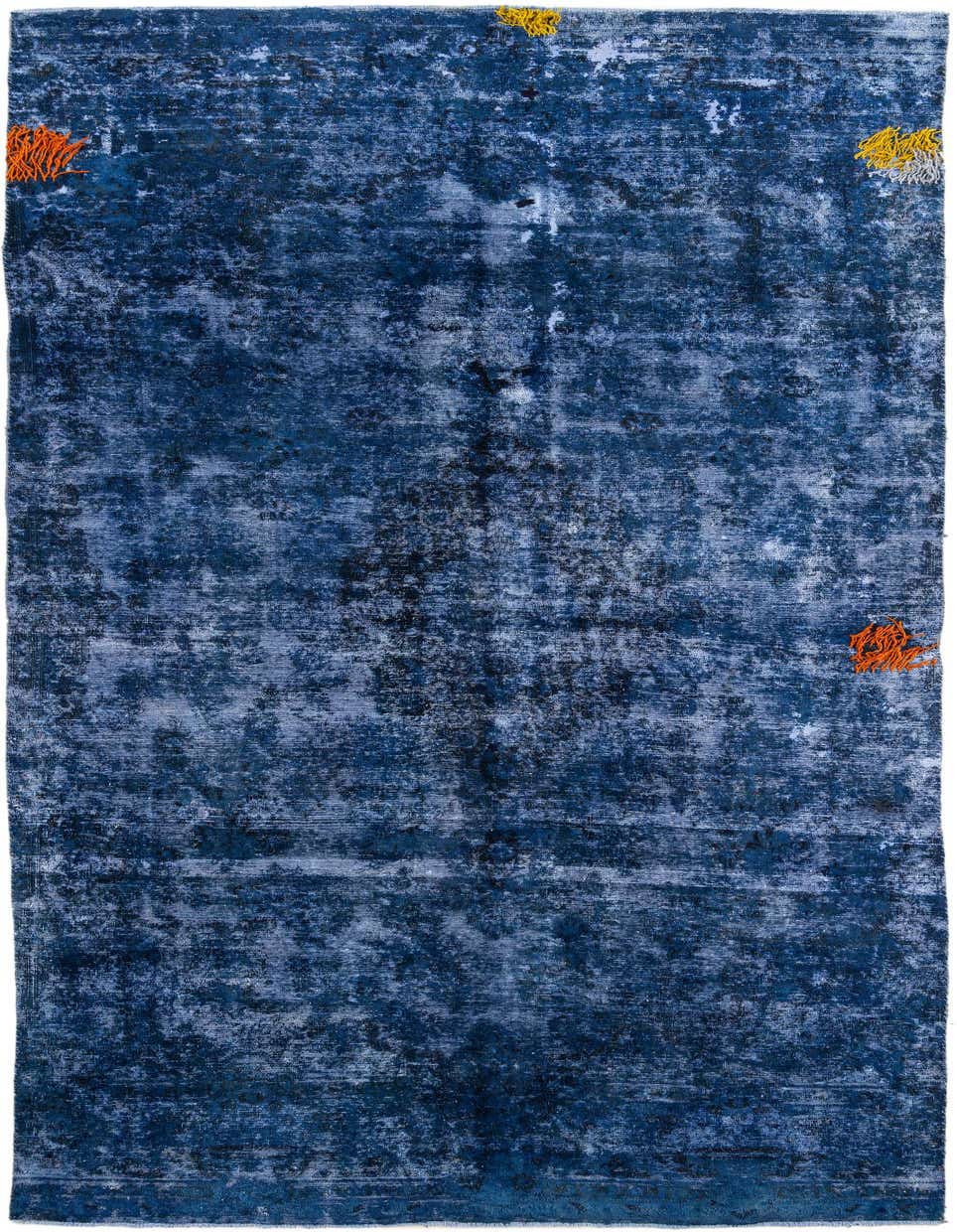 A 14 ft runner rug in shades of blue with a distressed Persian-style pattern and hints of orange and yellow accents.