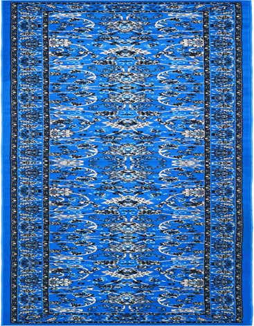 A long 16 ft runner rug in vibrant blue with a traditional Oriental floral pattern in black, white, and light blue, ideal for a hallway.
