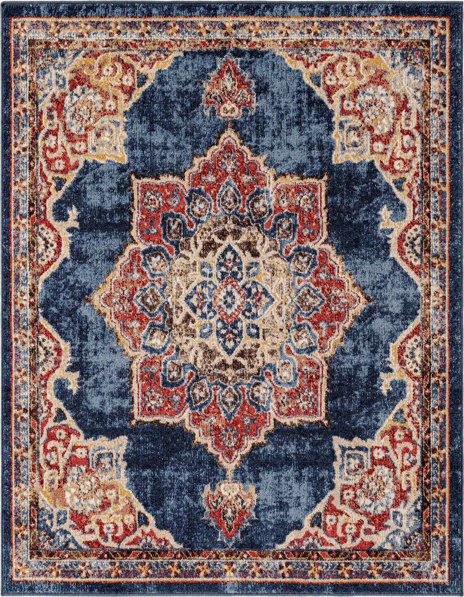 A 5' 0 x 5' 0 square Eden Collection rug featuring a distressed blue background with a vibrant red, gold, and cream medallion and botanical pattern.