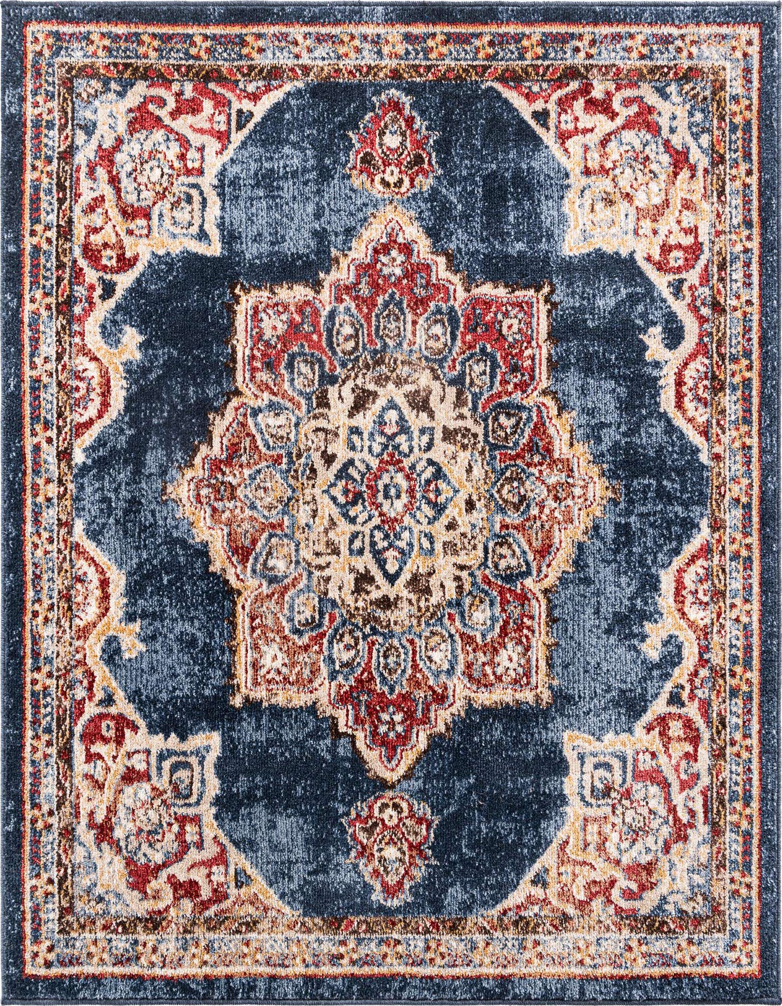 A 4'x4' square blue area rug with a distressed traditional medallion pattern in red, cream, and gold.