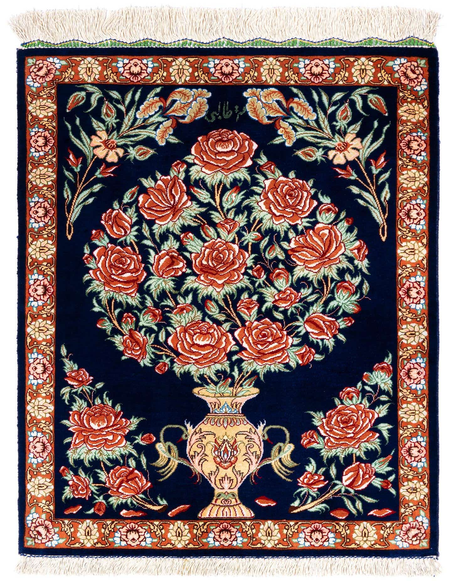 A square 1' 9 x 2' 4 Persian Ghom Silk rug with a vibrant blue background and a central vase overflowing with red and orange roses, bordered by intricate floral patterns.