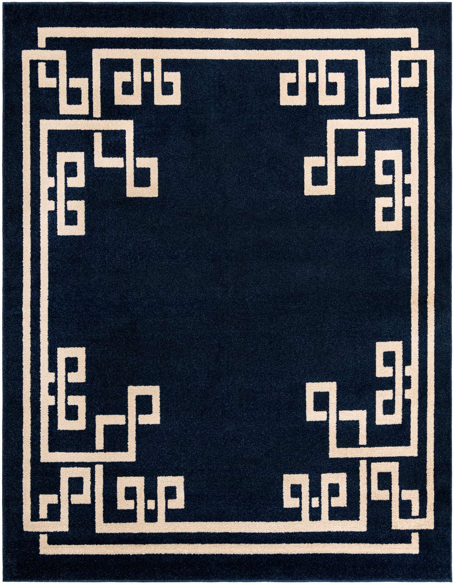 A 7' 10 x 7' 10 square blue area rug with a cream-colored Greek key border pattern, suitable for a living room.