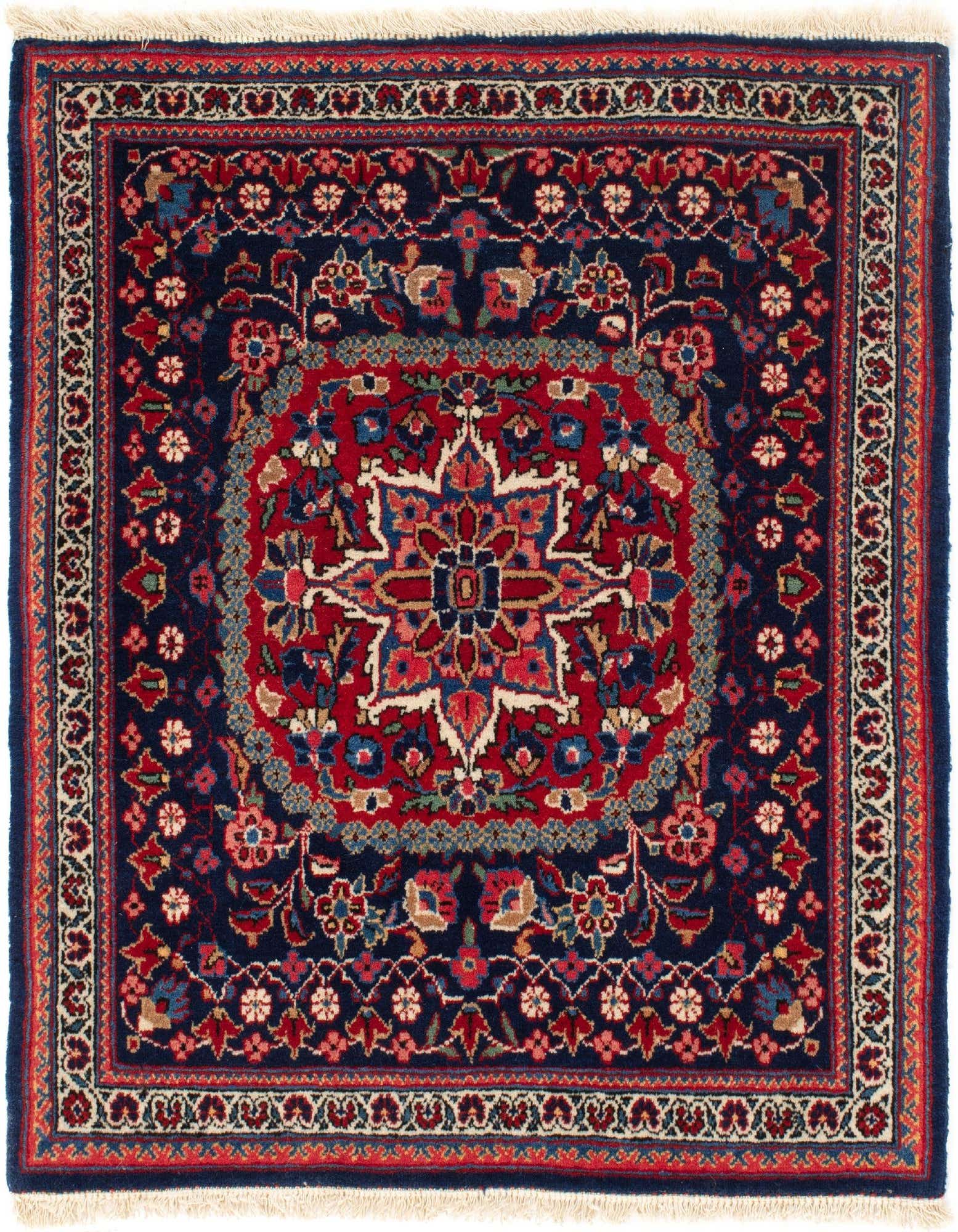 A square 1'11" x 2'2" Persian wool rug featuring a central red medallion on a dark blue field with intricate floral patterns.