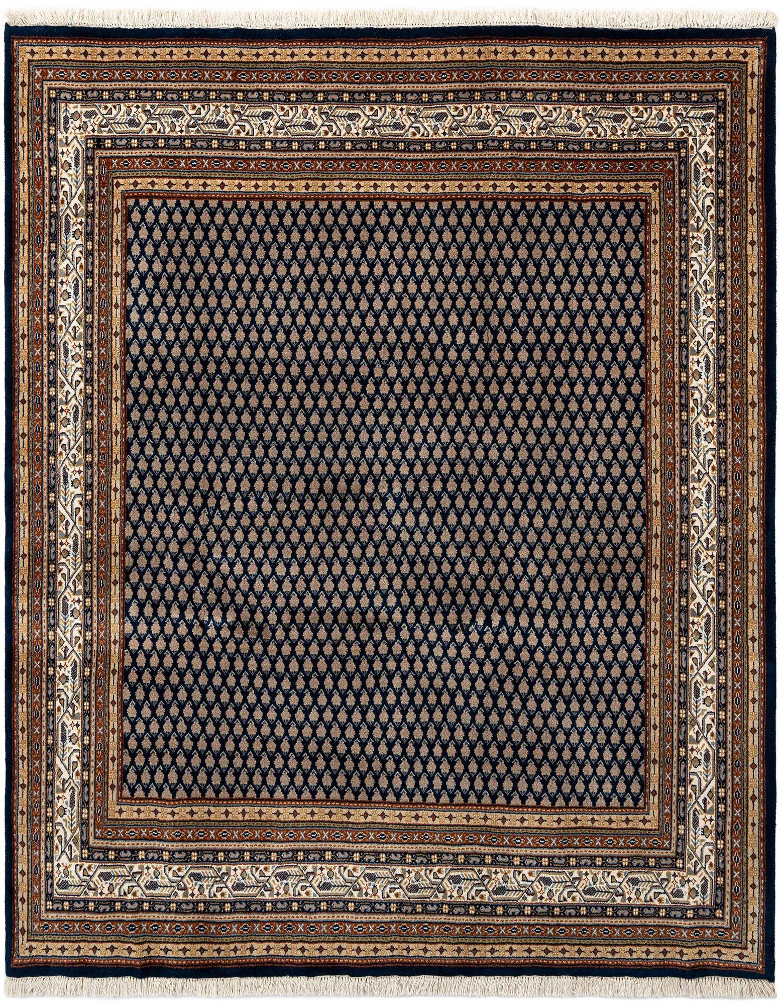 A square 6' 7 x 6' 7 handmade wool rug featuring a dark blue field with a repeating small diamond pattern, framed by multi-layered borders in cream, brown, and blue.