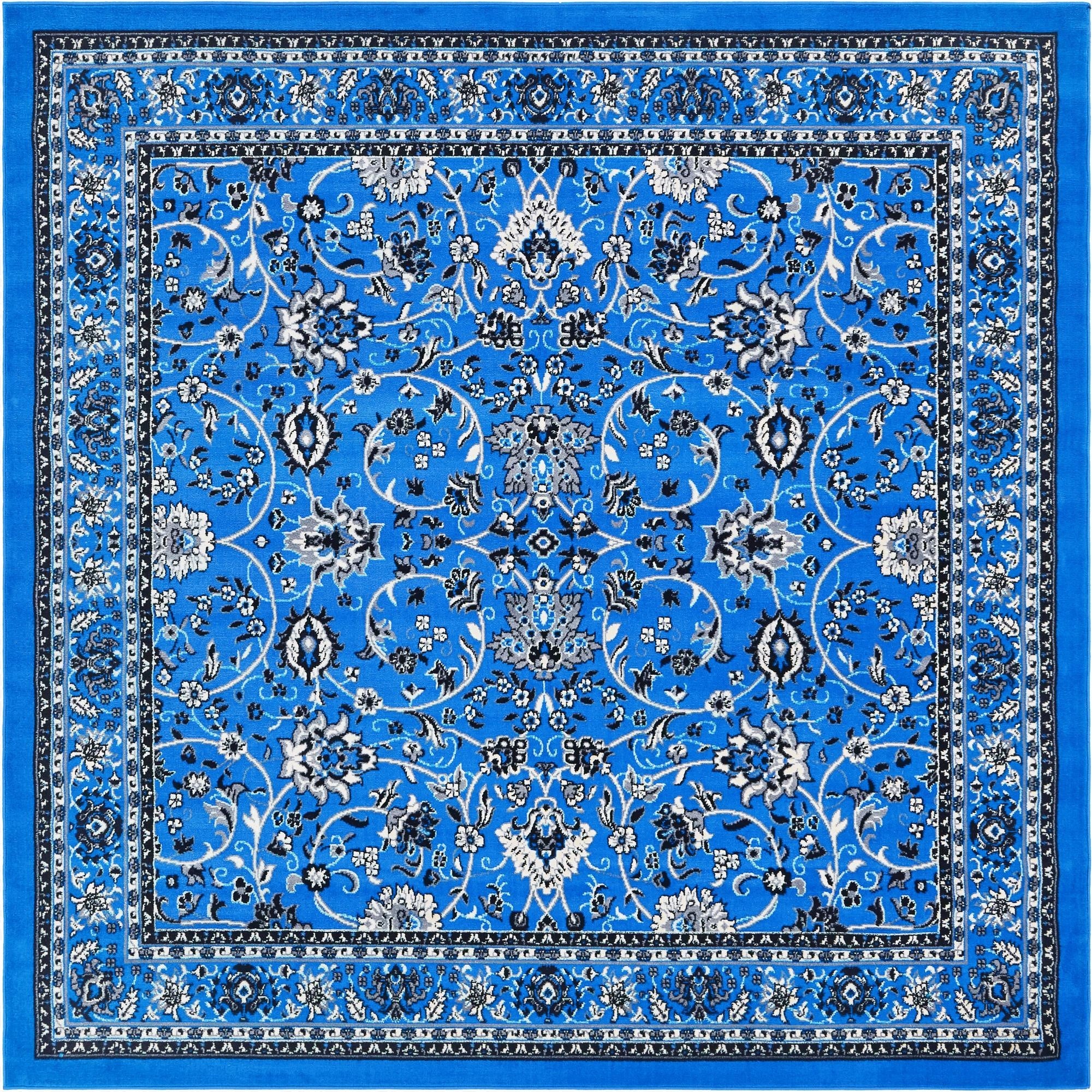 A vibrant 7' 10 x 7' 10 square blue traditional Oriental rug with intricate floral patterns in white, gray, and black.