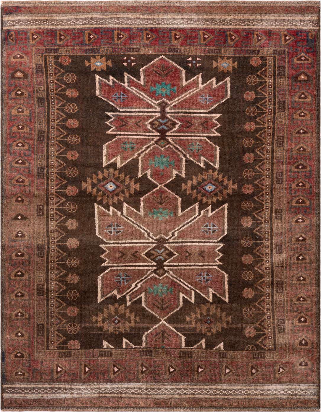 A 4x6 rectangular dark brown Persian rug with a central medallion in red, brown, and teal, featuring intricate geometric and floral patterns, suitable for a living room.