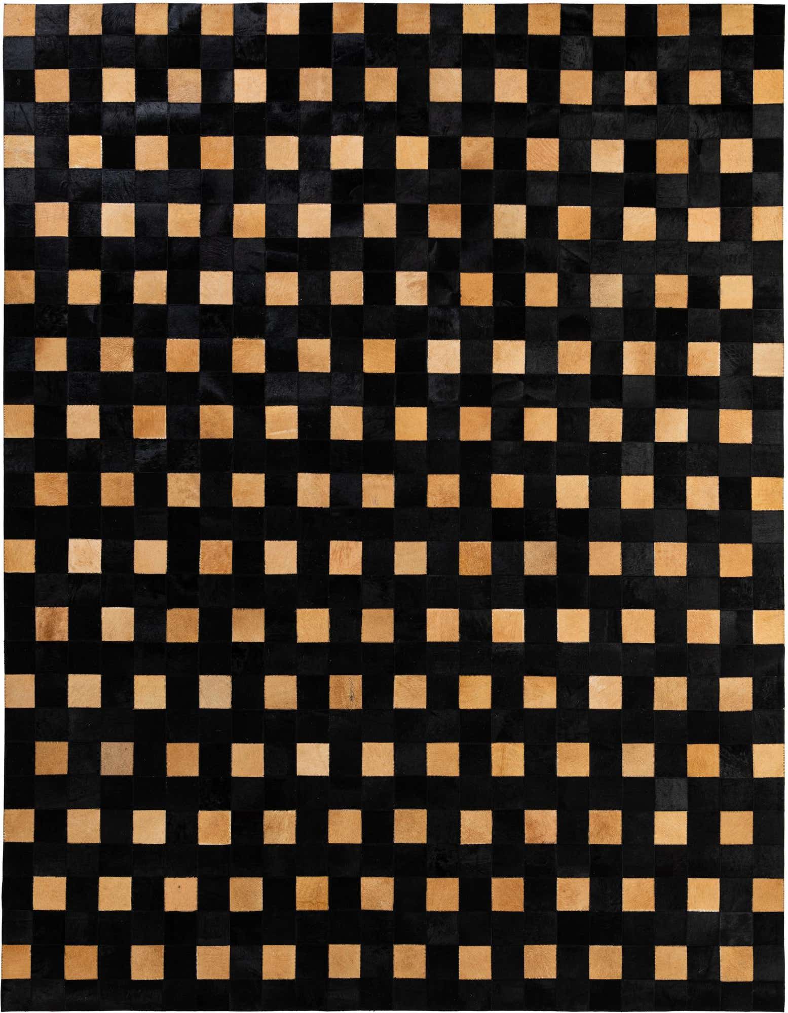 A rectangular 8x10 dark brown and beige cowhide rug with a modern checkered patchwork pattern, suitable for a living room.