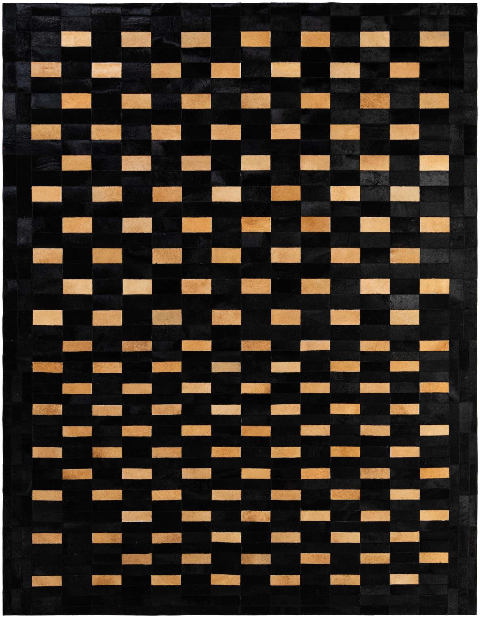 A rectangular 8x10 modern cowhide rug featuring a striking patchwork of dark brown and beige rectangles.