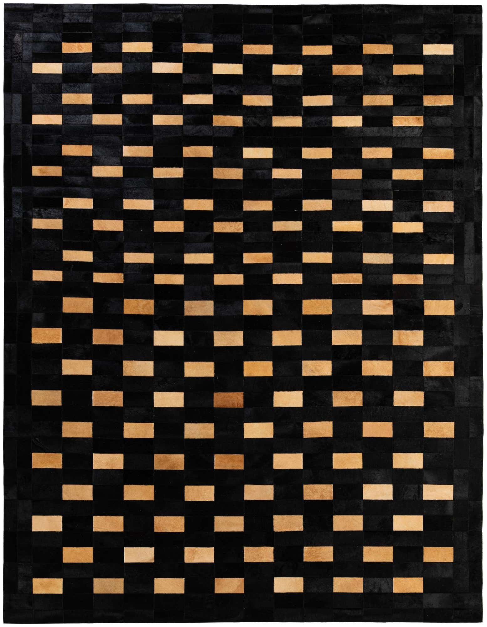 An 8x10 rectangular Cowhide - Patchwork rug featuring a modern stripe pattern in dark brown and beige.