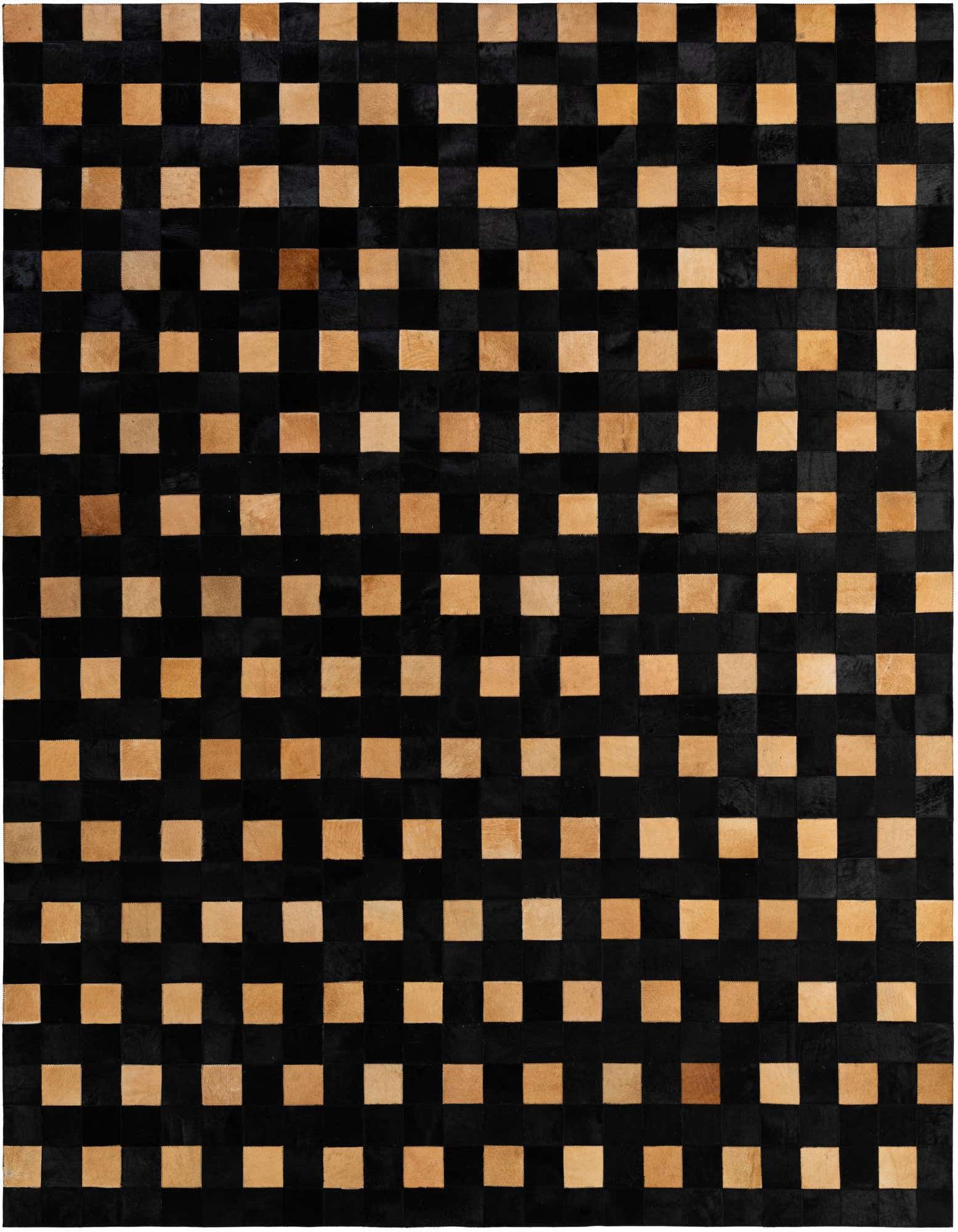 A rectangular 8x10 Cowhide Patchwork rug featuring a modern checkerboard pattern of dark brown and beige squares.