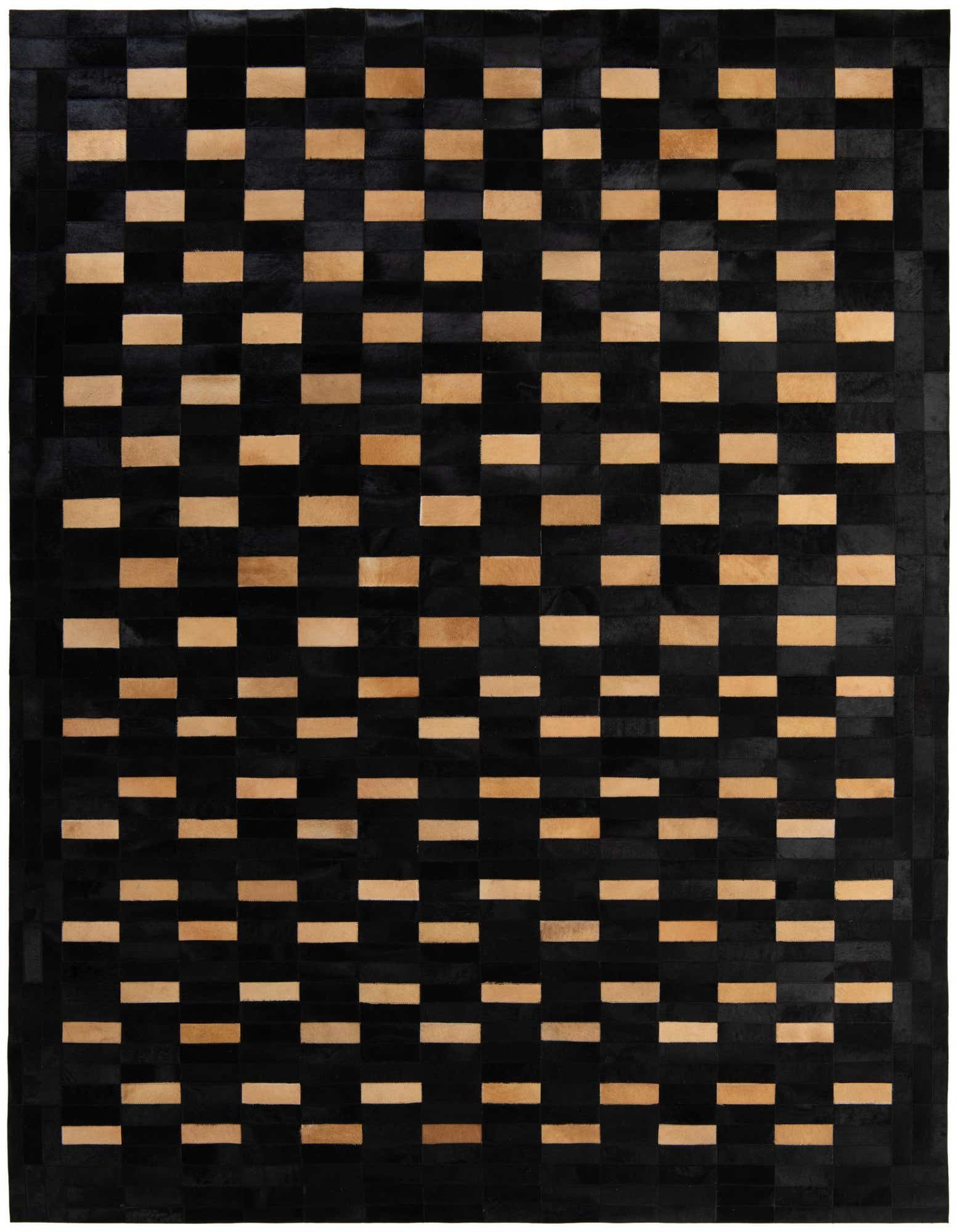 An 8x10 rectangular Cowhide - Patchwork rug featuring a modern stripe pattern in dark brown and beige, ideal for a living room.