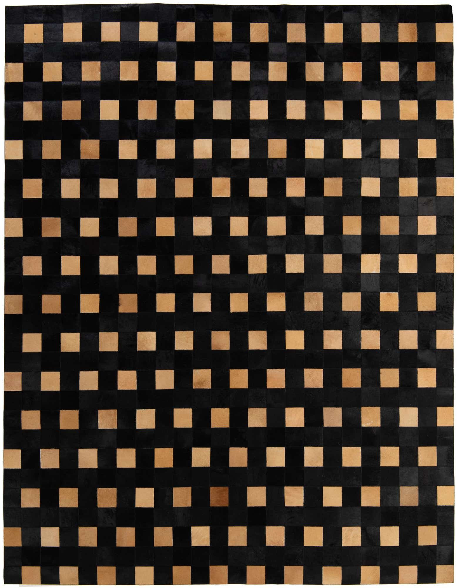 A rectangular 8x10 dark brown and beige cowhide rug with a modern checkerboard pattern, suitable for a living room.