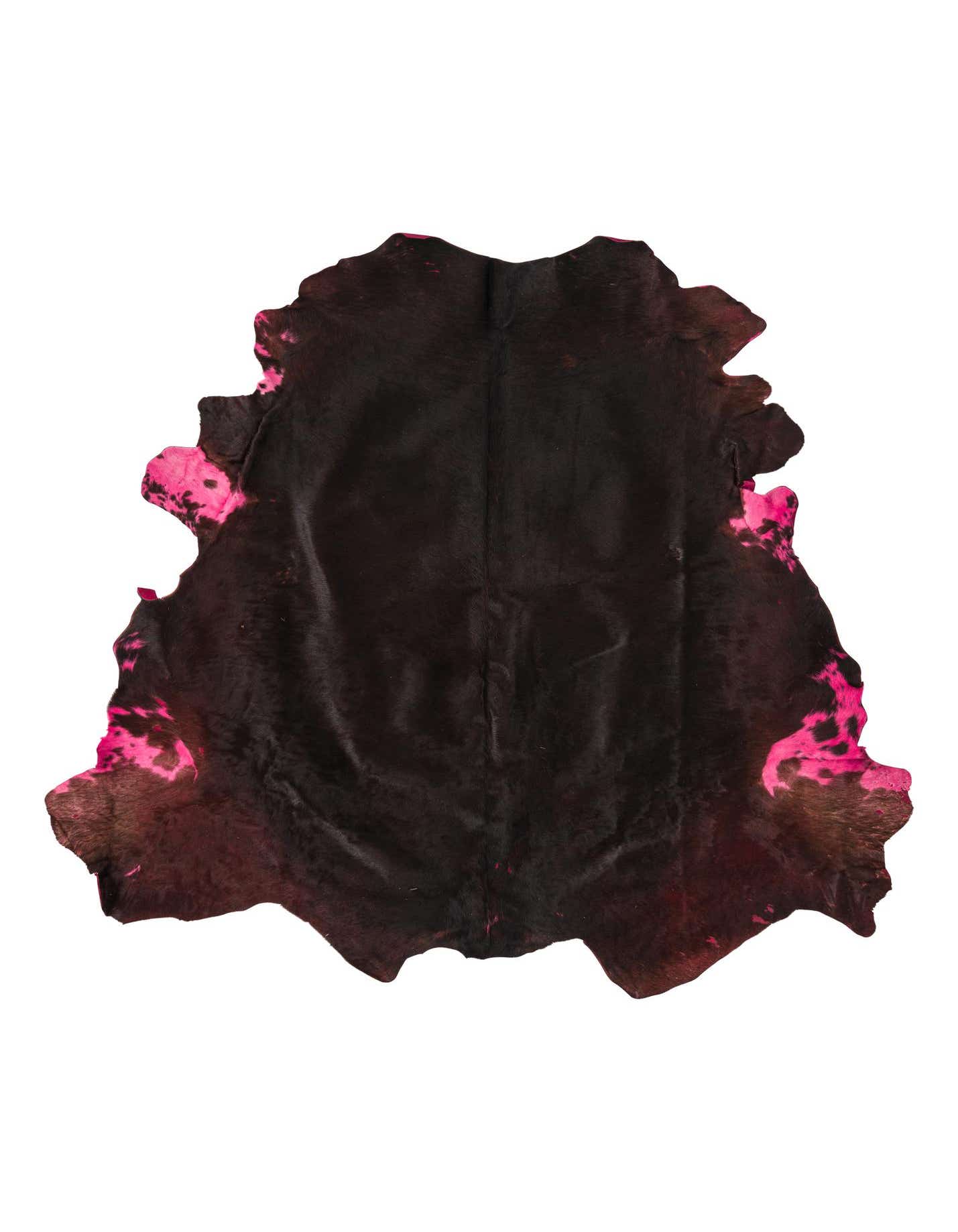A dark brown and black cowhide rug with vibrant pink accents along its irregular edges, showcasing its unique freeform shape.