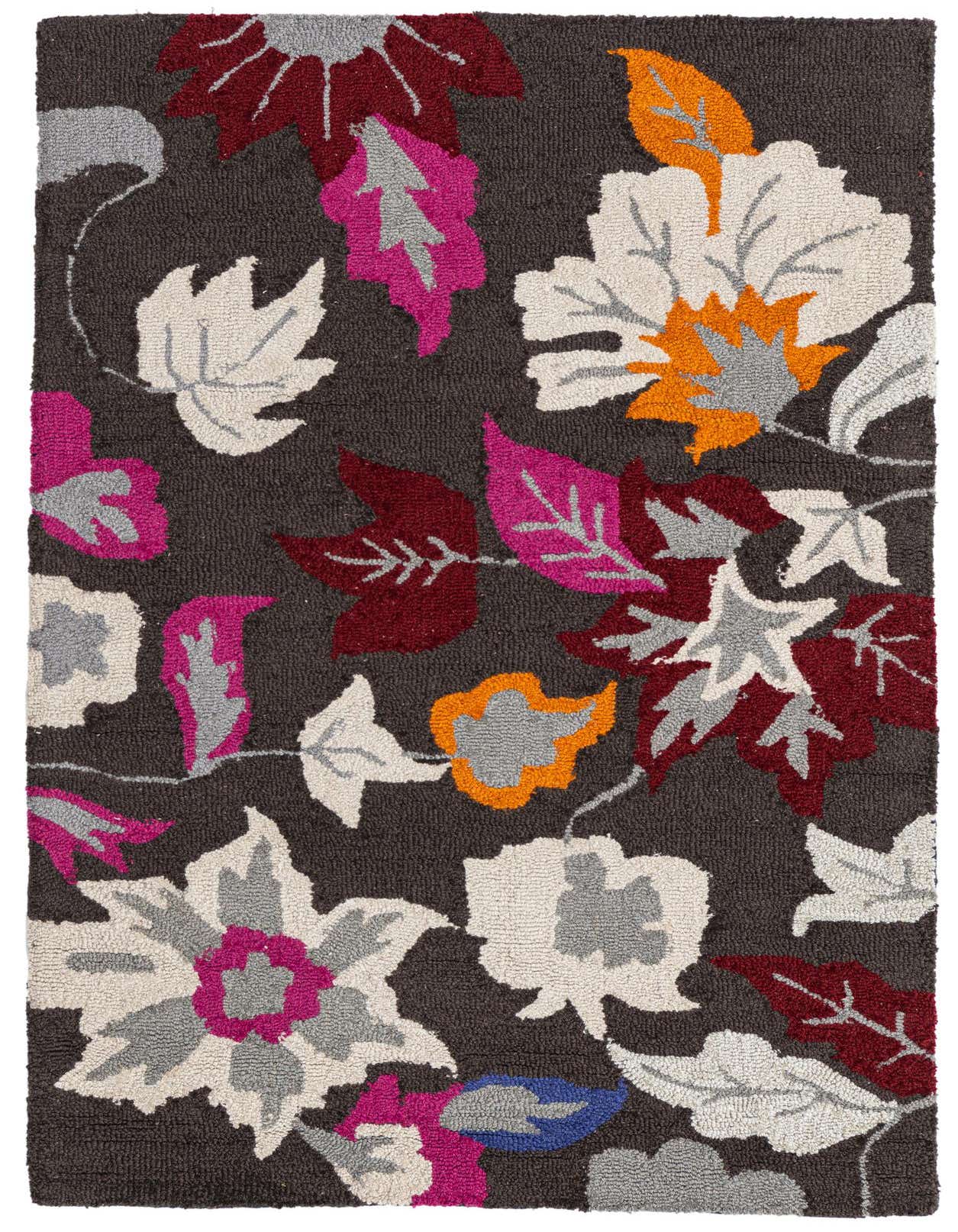A 3x5 rectangular modern wool rug with a dark brown background and large, colorful floral and leaf patterns in cream, grey, fuchsia, orange, and deep red.