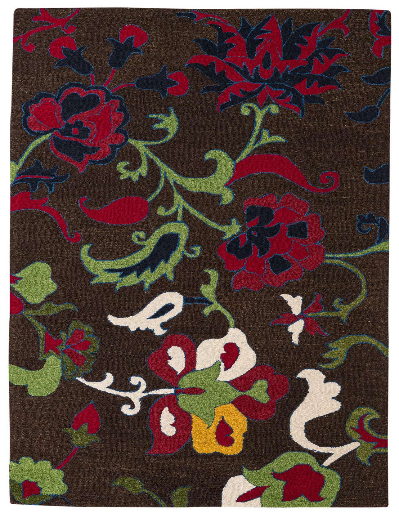 A 5x8 rectangular brown wool rug with a vibrant traditional floral pattern in red, green, blue, and cream.