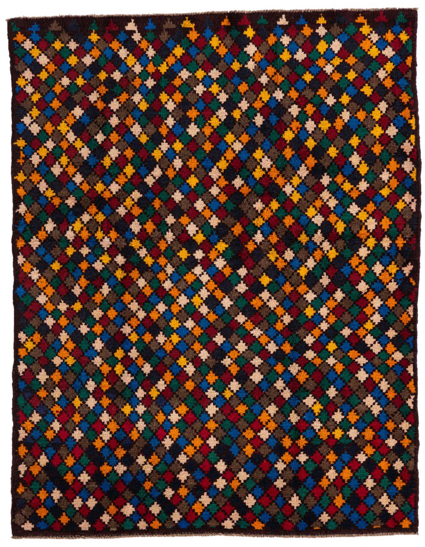A 4x6 rectangular Balouch rug with a traditional tribal pattern of colorful diamonds in shades of red, blue, green, yellow, and tan on a dark brown background.