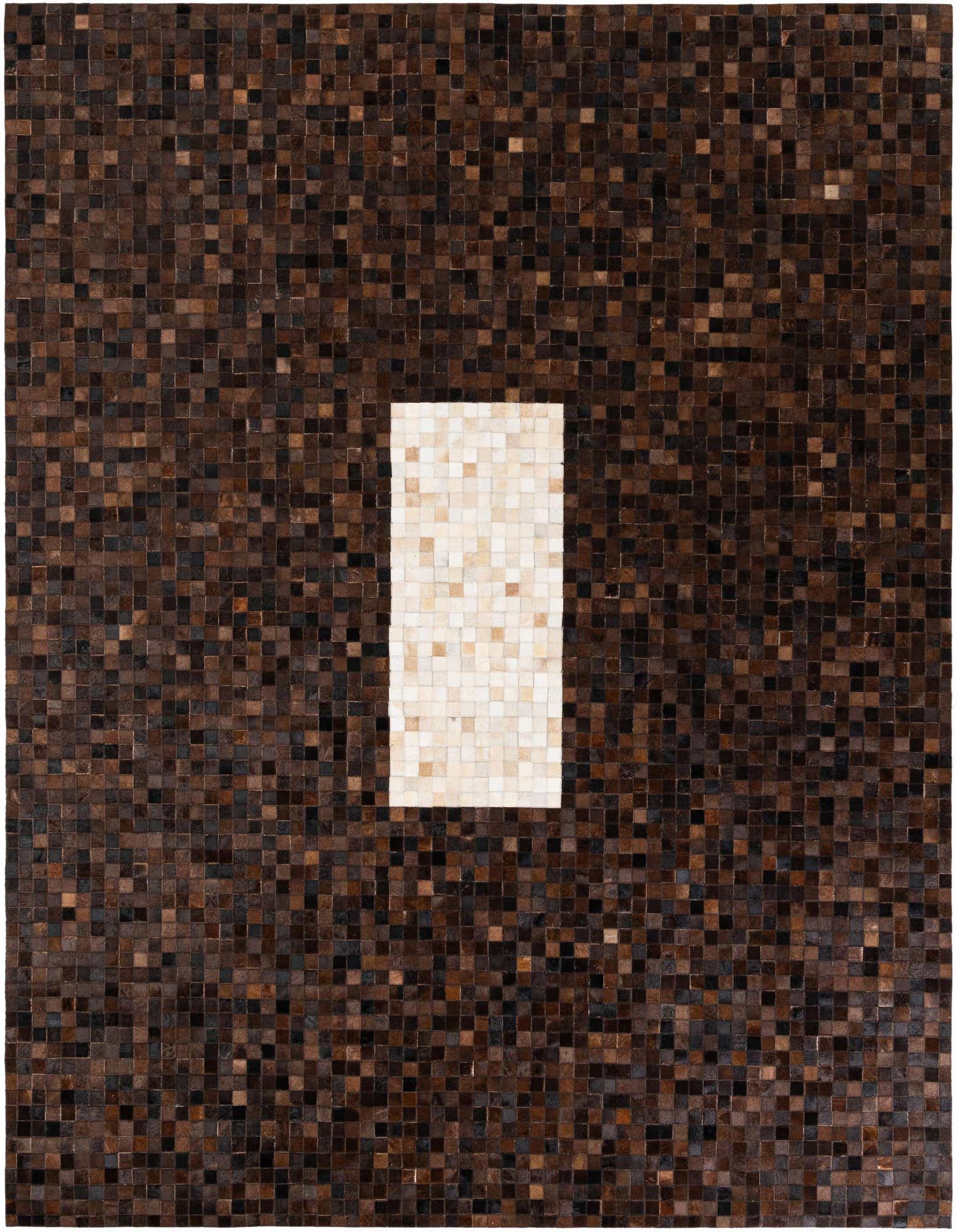 A rectangular 8x10 modern cowhide rug with a mosaic pattern of brown and tan squares, featuring a central white rectangular block.