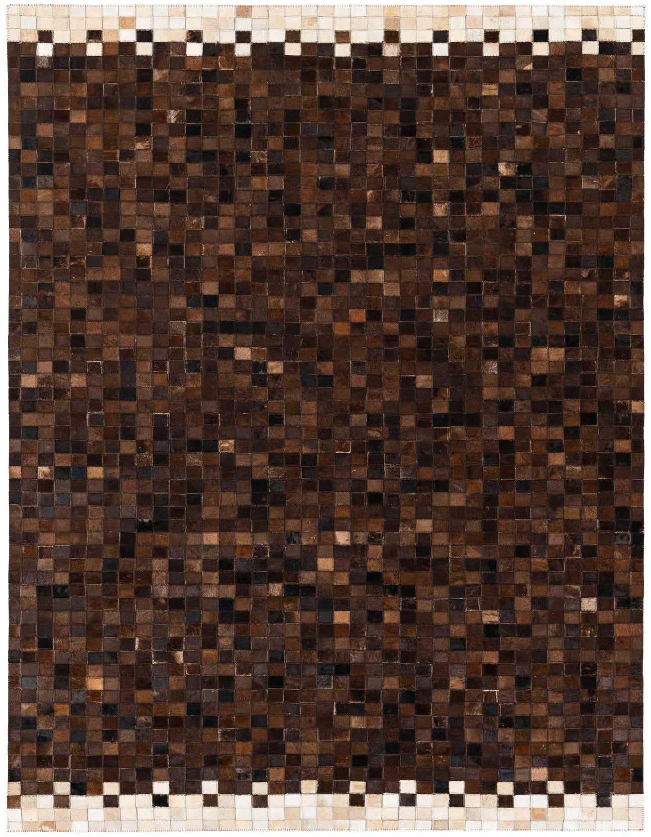 A 5x8 rectangular Cowhide & Leather rug featuring a modern patchwork of varied brown and tan squares, with a contrasting checkered border of white and dark brown squares at the top and bottom.