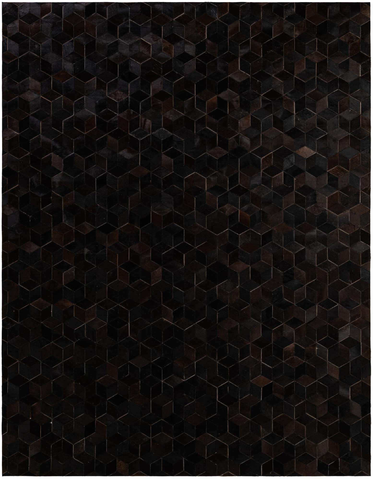 A rectangular 8x10 Cowhide Patchwork rug featuring a modern geometric cube pattern in varying shades of brown and tan.