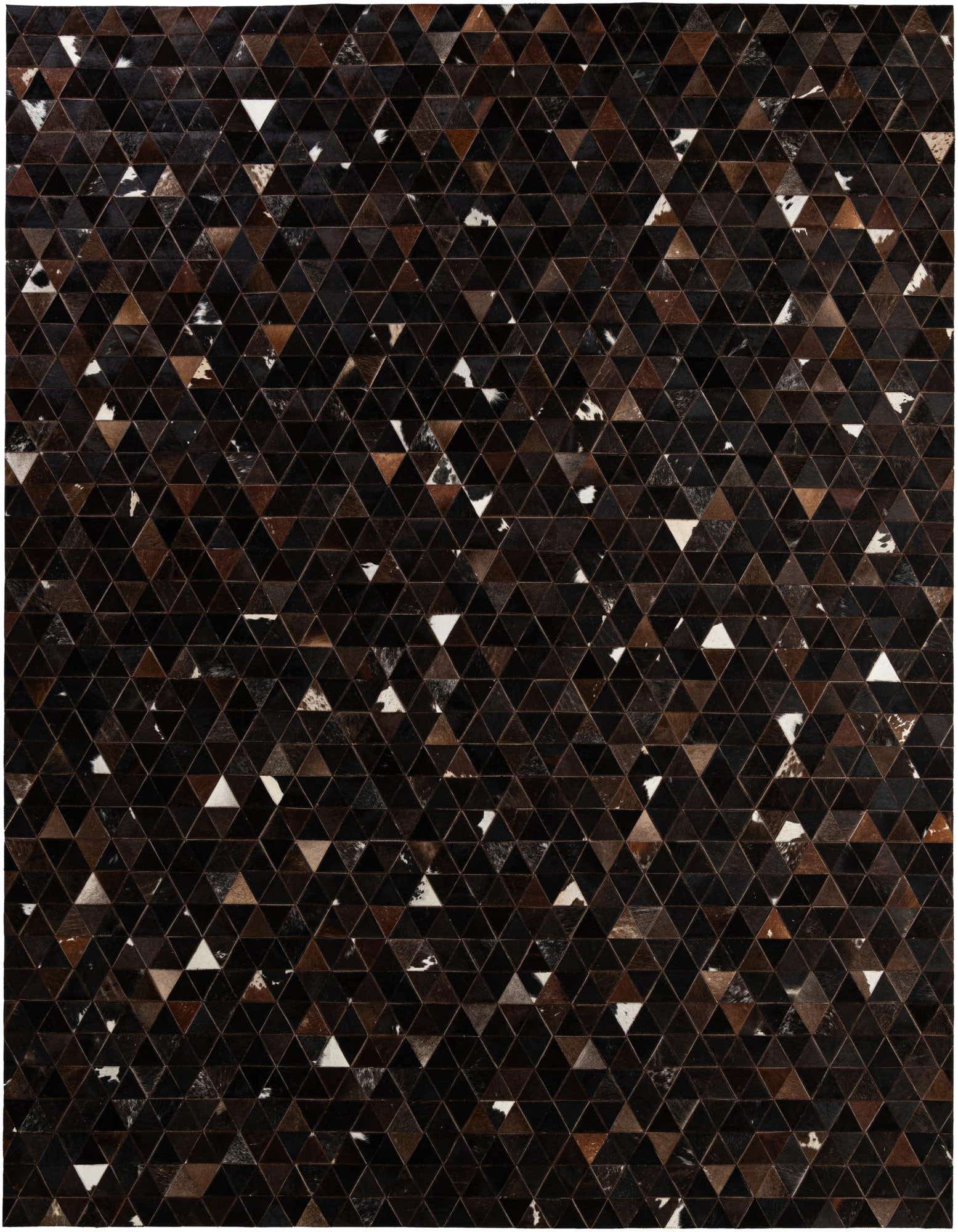 A rectangular 8x10 Cowhide - Patchwork rug featuring a modern geometric pattern of brown, tan, black, and white triangular cowhide patches.