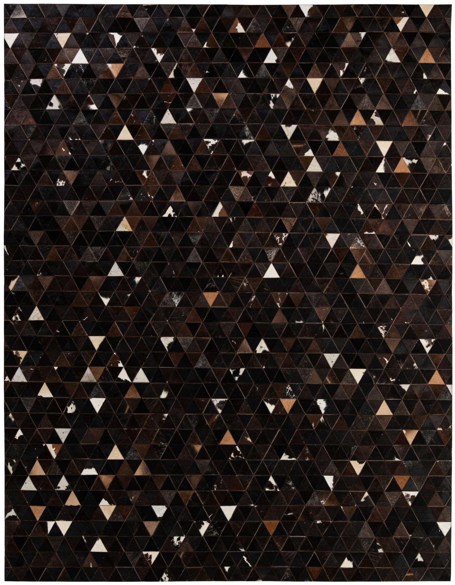 8x10 rectangular Cowhide Patchwork rug featuring a modern geometric pattern of brown, tan, and white triangular leather pieces.