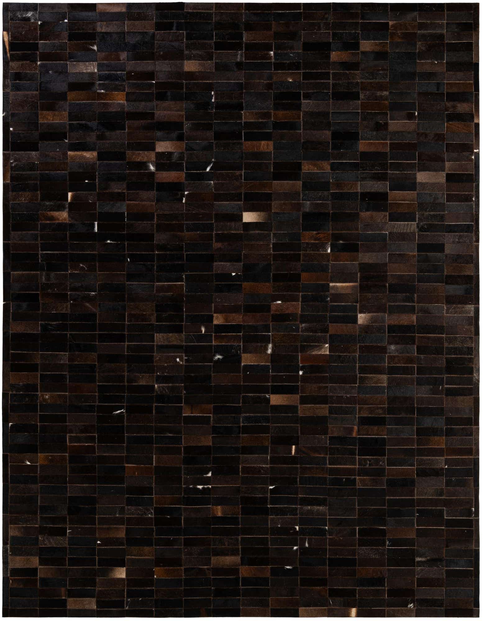 Rectangular 8x10 Cowhide Patchwork rug featuring varying shades of brown and tan leather rectangles arranged in a modern stripe pattern.
