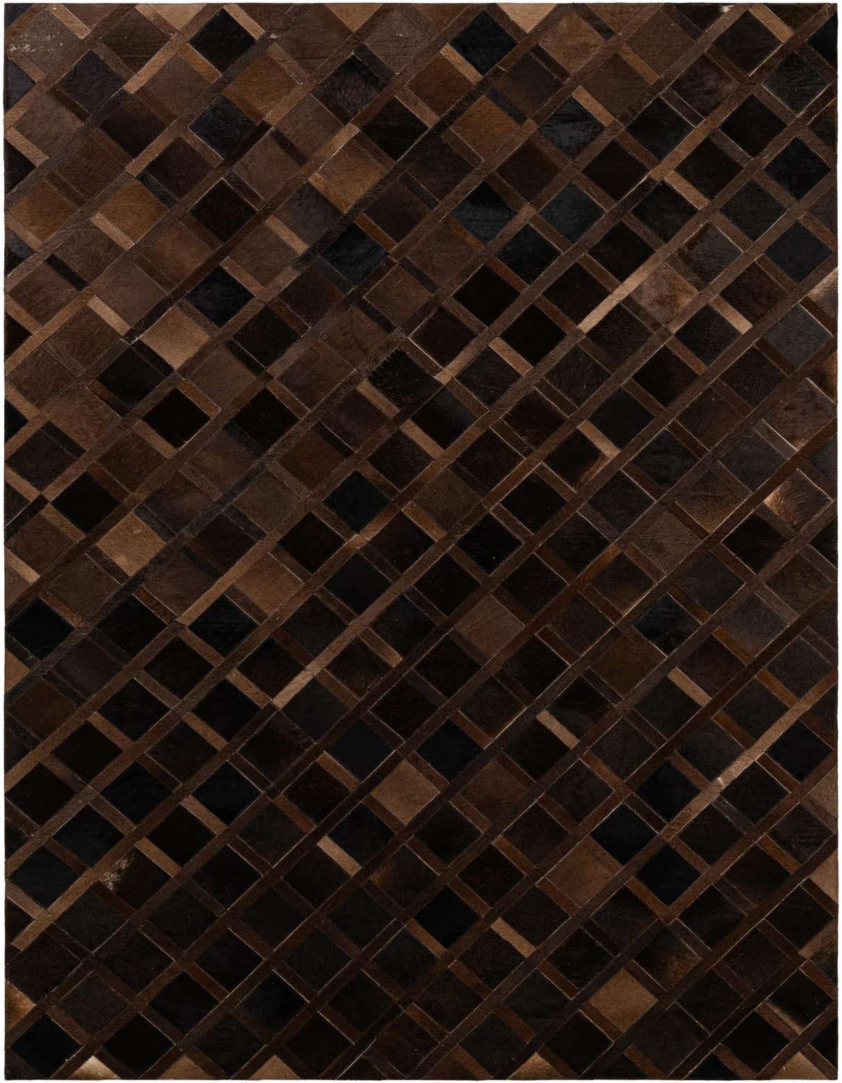 A 5x8 rectangular Cowhide Patchwork rug featuring a modern geometric pattern of varying brown and tan squares.