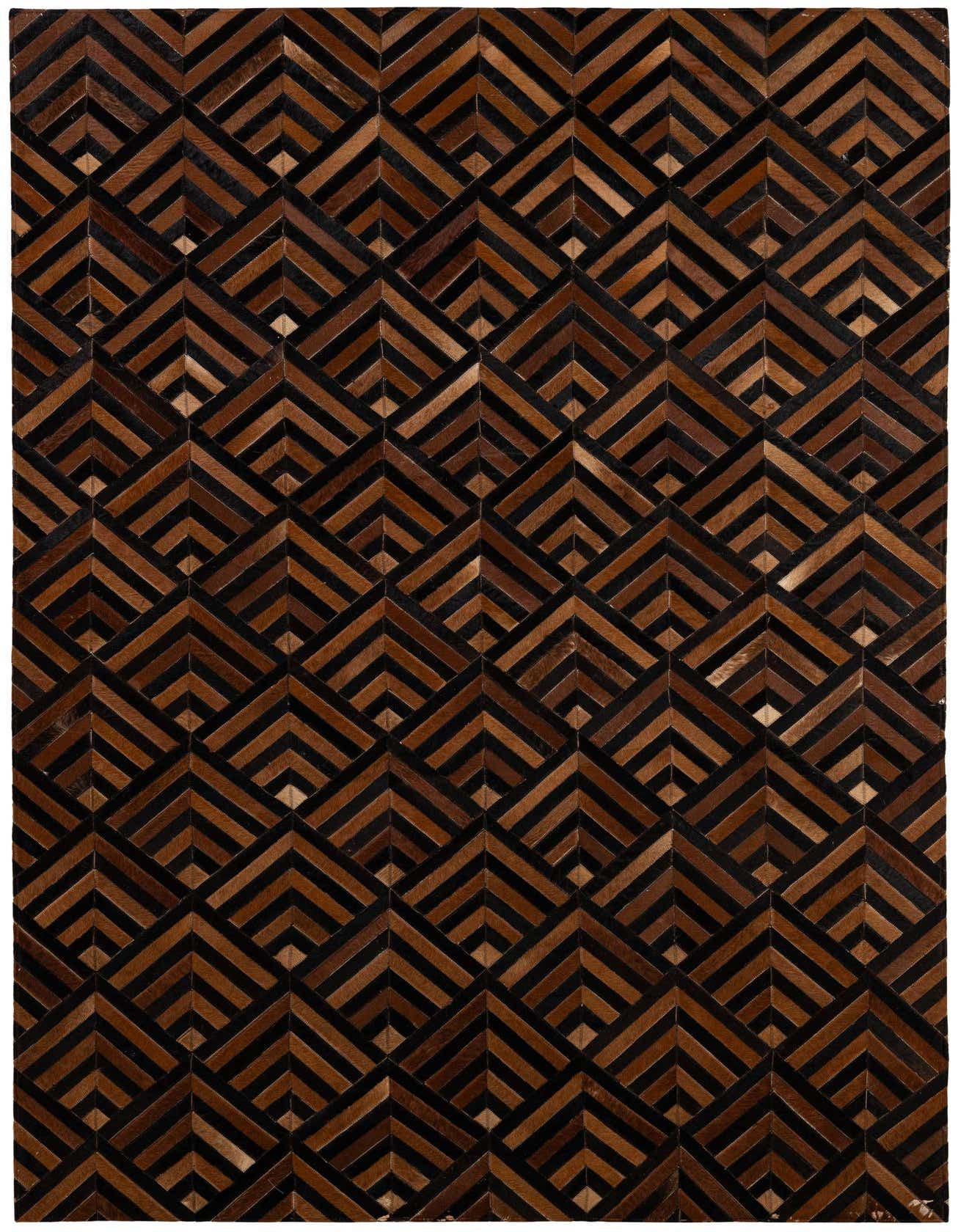 A rectangular 5x8 modern cowhide rug featuring a geometric pattern of alternating dark brown and tan chevron shapes.