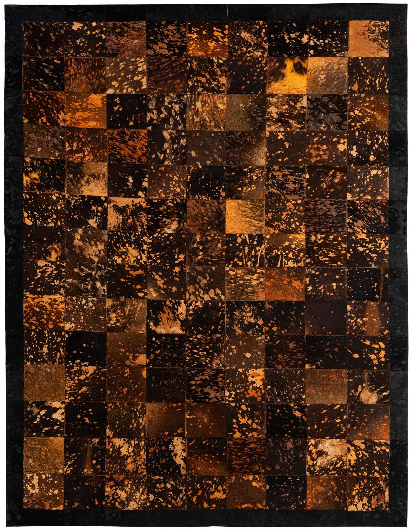 A 5x8 rectangular Cowhide Patchwork rug featuring brown and tan squares with a unique splatter pattern, bordered by solid dark leather.